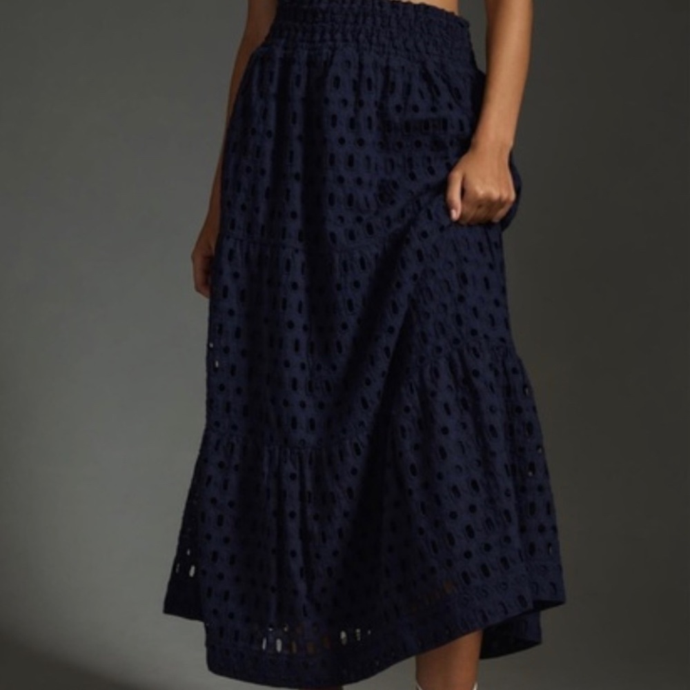 Anthropologie Navy Blue Somerset Cotton Tiered Eyelet Maxi Skirt